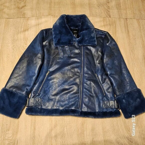 Forever 21 Blue Sherling Winter Coat Womens Size L Nwt Faux Fur - Picture 1 of 9